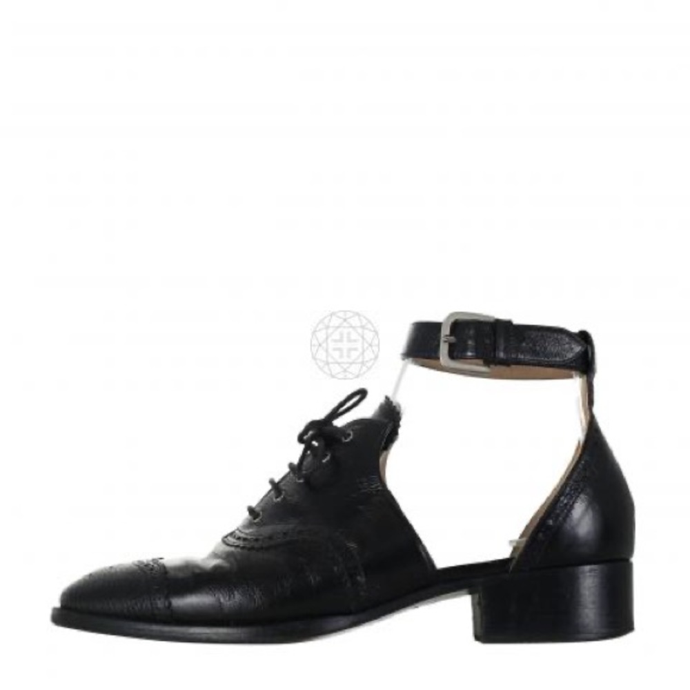 Chanel Black & Navy Leather Lace Up Oxford Brogue with Ankle Strap - 38
